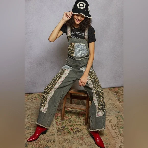 POL Patchwork Leopard Print Floral Camo Patch Boho Overalls - Picture 15 of 16